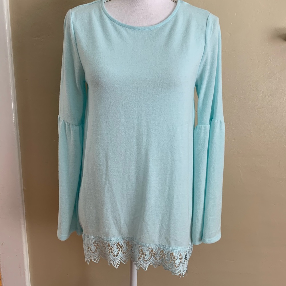 Angels Robins Egg Blue Soft Lace Hem TunicTop, Small